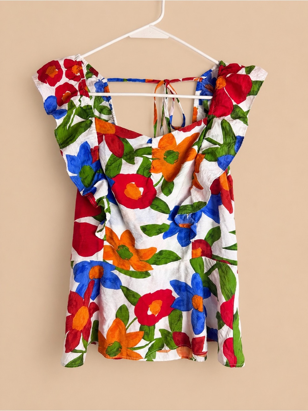 Pants Store Floral Ruffle Peplum Top, Tie Back Size M